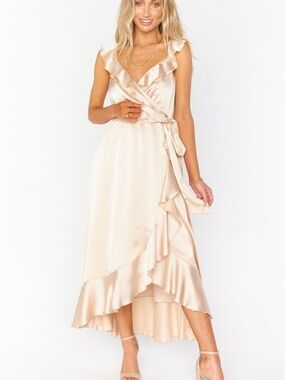 Skies Are Blue Champagne Satin Ruffle Wrap Maxi Dress